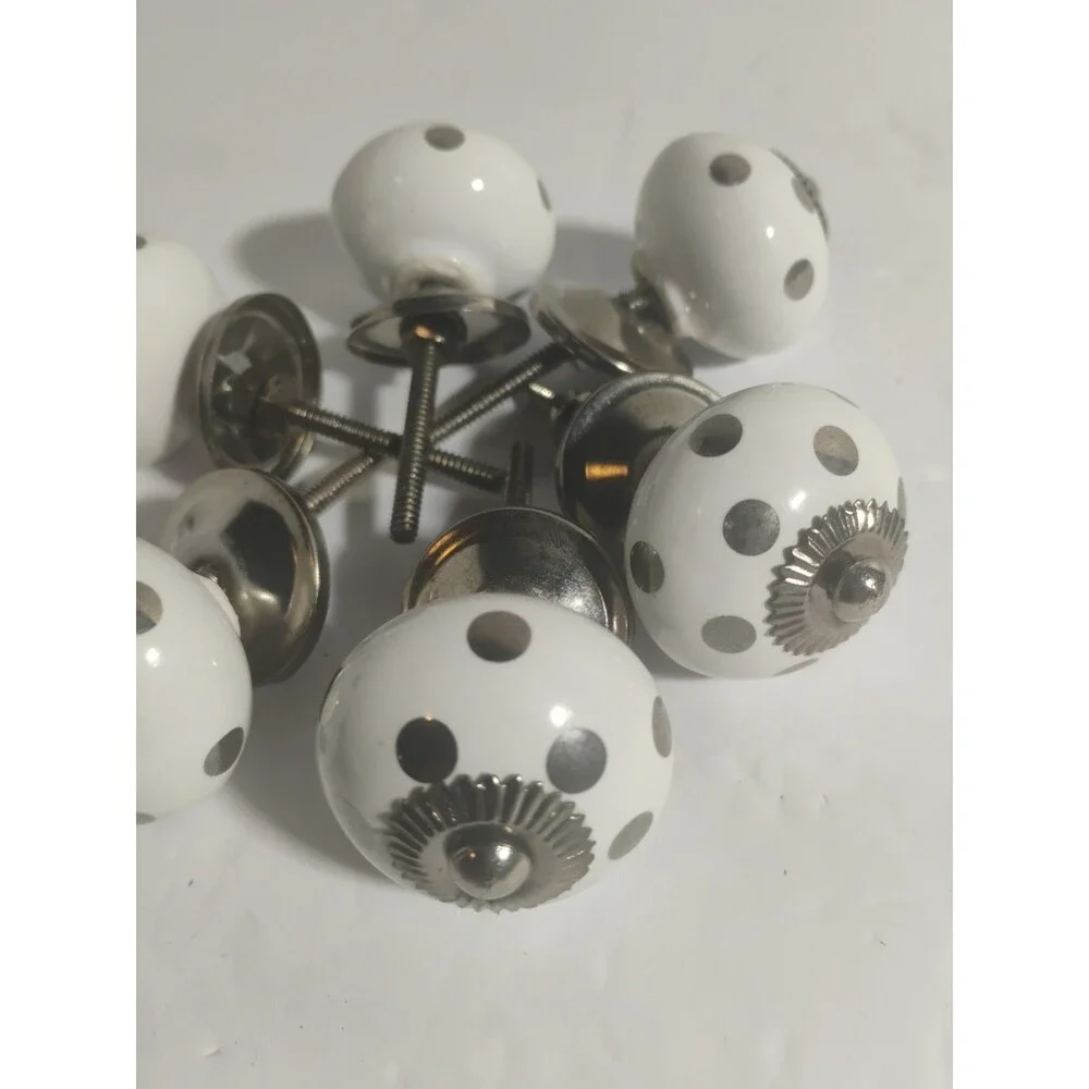 New 6Furniture Knobs, Drawer Pulls, Silver & White Polka Dot Porcelain 2-7/8”